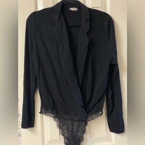Intimately Free People Black Deep V Neck Collared Bodysuit Size XS